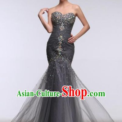 Top Grade Catwalks Grey Veil Evening Dress Compere Modern Fancywork Costume for Women