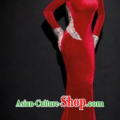 Top Grade Catwalks Red Sexy Evening Dress Compere Modern Fancywork Costume for Women