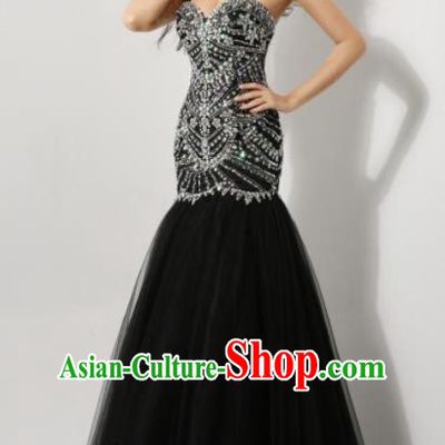 Top Grade Catwalks Black Veil Crystal Evening Dress Compere Modern Fancywork Costume for Women