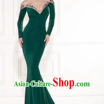 Top Grade Catwalks Green Velvet Formal Dress Compere Modern Fancywork Costume for Women