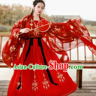 Traditional Chinese Tang Dynasty Wedding Embroidered Historical Costume Ancient Princess Red Hanfu Dress for Women