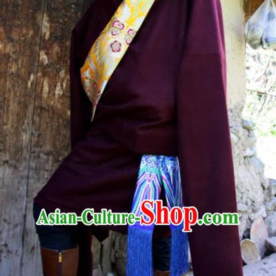 Chinese Traditional National Wine Red Tibetan Robe Zang Nationality Ethnic Folk Dance Costume for Men