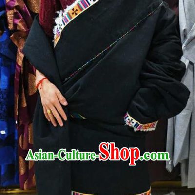 Chinese Traditional National Black Tibetan Robe Zang Nationality Ethnic Folk Dance Costume for Men
