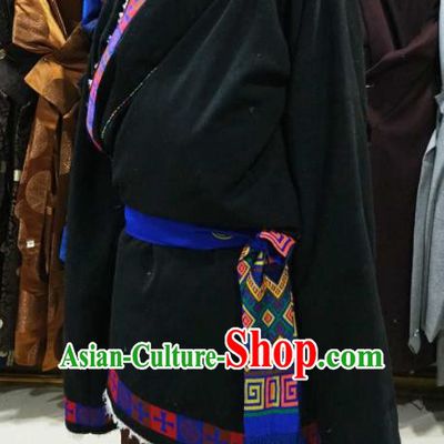 Chinese Traditional National Navy Tibetan Robe Zang Nationality Ethnic Folk Dance Costume for Men