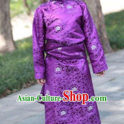 Chinese Traditional Tibetan Children Purple Robe Zang Nationality Heishui Dance Ethnic Costumes for Kids