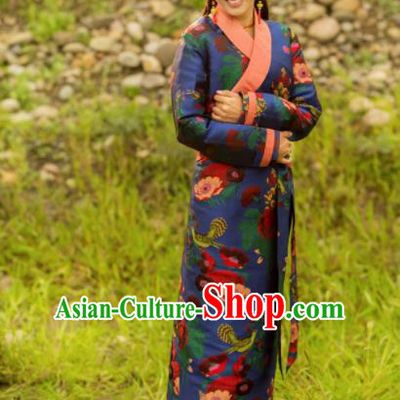Chinese Traditional Tibetan Ethnic Female Printing Blue Dress Zang Nationality Heishui Dance Costume for Women