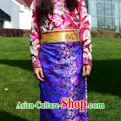 Chinese Traditional Tibetan National Ethnic Royalblue Brocade Robe Zang Nationality Costume for Women