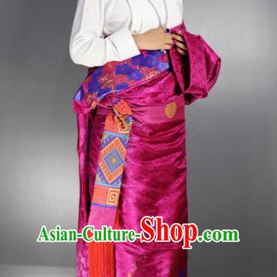 Chinese Traditional Tibetan National Ethnic Rosy Robe Zang Nationality Wedding Costume for Women