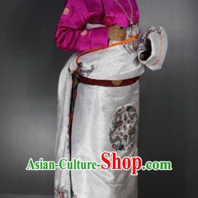 Chinese Traditional Tibetan National Ethnic Embroidered White Robe Zang Nationality Wedding Costume for Women