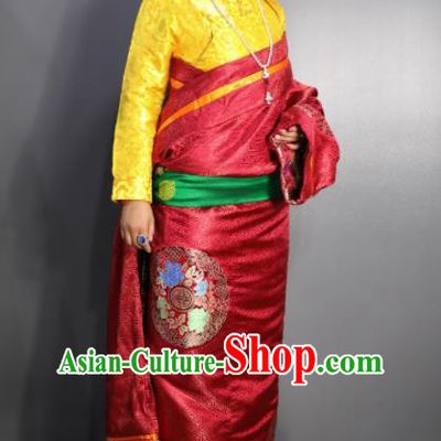 Chinese Traditional Tibetan National Ethnic Embroidered Red Robe Zang Nationality Wedding Costume for Women