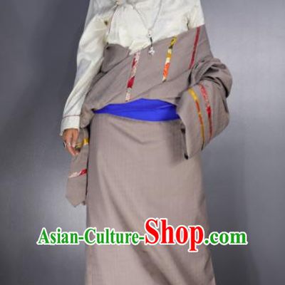Chinese Traditional National Ethnic Khaki Tibetan Robe Zang Nationality Folk Dance Costume for Women