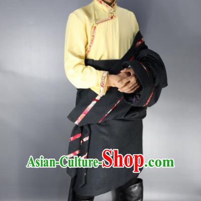 Traditional Chinese National Bride Ethnic Navy Tibetan Robe Zang Nationality Folk Dance Costumes for Men