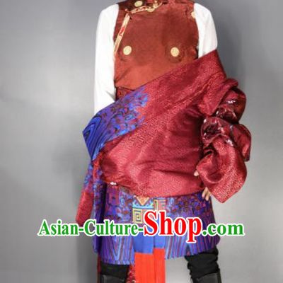 Chinese Traditional National Ethnic Wine Red Tibetan Robe Zang Nationality Folk Dance Costumes for Men