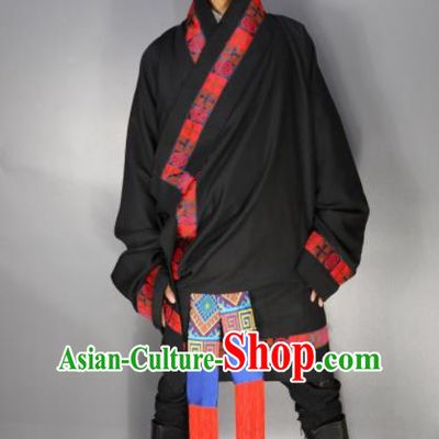 Chinese Traditional National Ethnic Black Tibetan Robe Zang Nationality Folk Dance Costumes for Men