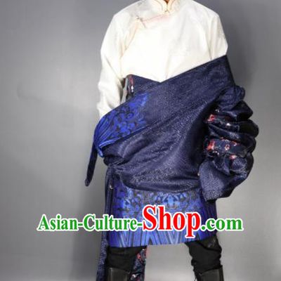 Chinese Traditional National Ethnic Navy Tibetan Robe Zang Nationality Folk Dance Costumes for Men