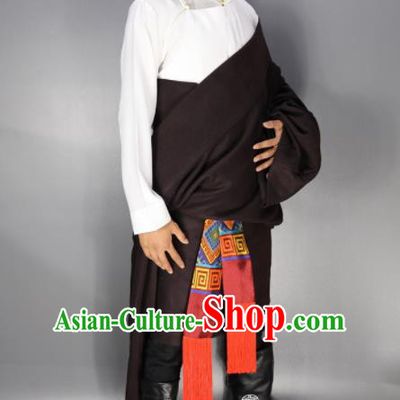 Traditional Chinese National Ethnic Dark Red Tibetan Robe Zang Nationality Folk Dance Costumes for Men