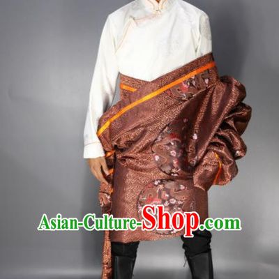 Traditional Chinese National Ethnic Embroidered Bronze Tibetan Robe Zang Nationality Folk Dance Costumes for Men