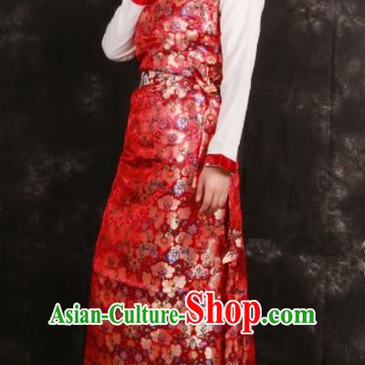 Chinese Traditional Tibetan Ethnic Bride Red Brocade Dress Zang Nationality Heishui Dance Costume for Women