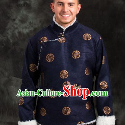 Chinese Traditional Tibetan Navy Brocade Cotton Padded Jacket Zang Nationality Ethnic Costume for Men