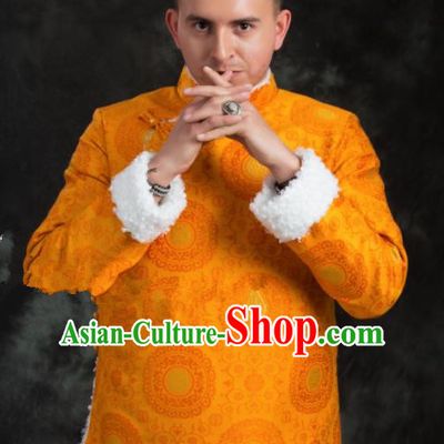 Chinese Traditional Tibetan Yellow Brocade Cotton Padded Jacket Zang Nationality Ethnic Costume for Men