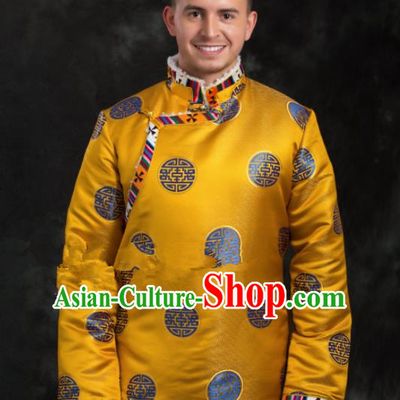 Chinese Traditional Tibetan Golden Brocade Cotton Padded Jacket Zang Nationality Ethnic Costume for Men
