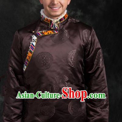 Chinese Traditional Tibetan Brown Brocade Cotton Padded Jacket Zang Nationality Ethnic Costume for Men
