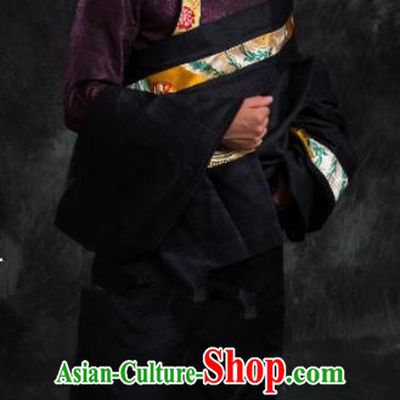 Chinese Traditional Black Tibetan Robe Zang Nationality Ethnic Folk Dance Costume for Men
