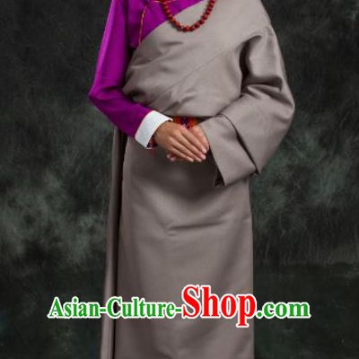 Chinese Traditional National Ethnic Grey Tibetan Robe Zang Nationality Costume for Women