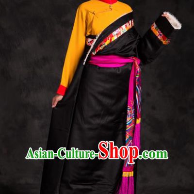 Chinese Traditional Ethnic Female Black Tibetan Robe Zang Nationality Heishui Dance Costume for Women