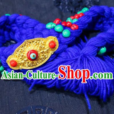 Chinese Traditional Ethnic Tibetan Hair Accessories Zang Nationality National Blue Woolen Yarn Hair Clasp for Women