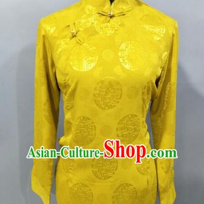 Traditional Chinese National Ethnic Tibetan Yellow Blouse Zang Nationality Folk Dance Costume for Women