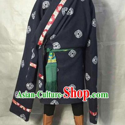 Traditional Chinese National Ethnic Navy Tibetan Robe Zang Nationality Folk Dance Costumes for Men
