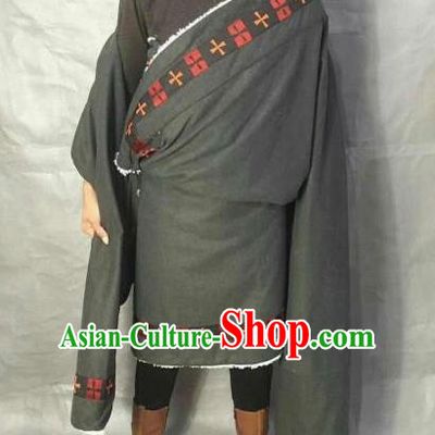 Traditional Chinese National Ethnic Deep Grey Tibetan Robe Zang Nationality Folk Dance Costumes for Men