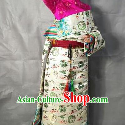 Traditional Chinese National Ethnic Bride White Brocade Tibetan Robe Zang Nationality Folk Dance Costume for Women