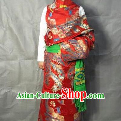 Traditional Chinese National Ethnic Bride Red Brocade Tibetan Robe Zang Nationality Folk Dance Costume for Women