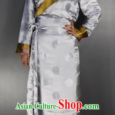 Traditional Chinese National Ethnic Grey Brocade Tibetan Dress Zang Nationality Folk Dance Costume for Women