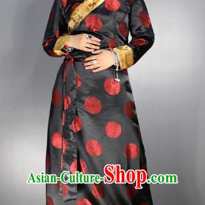 Traditional Chinese National Ethnic Black Brocade Tibetan Dress Zang Nationality Folk Dance Costume for Women
