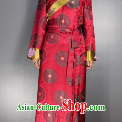 Traditional Chinese National Ethnic Red Brocade Tibetan Dress Zang Nationality Folk Dance Costume for Women