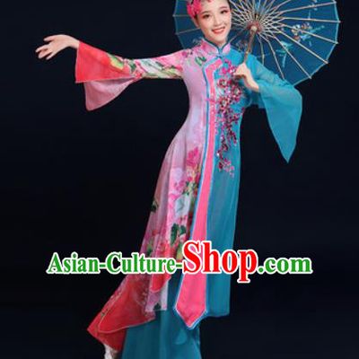 Traditional Chinese Classical Dance Blue Dress Umbrella Dance Fan Dance Costume for Women