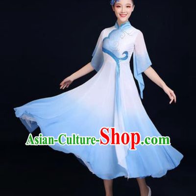 Traditional Chinese Classical Dance Light Blue Dress Umbrella Dance Fan Dance Costume for Women