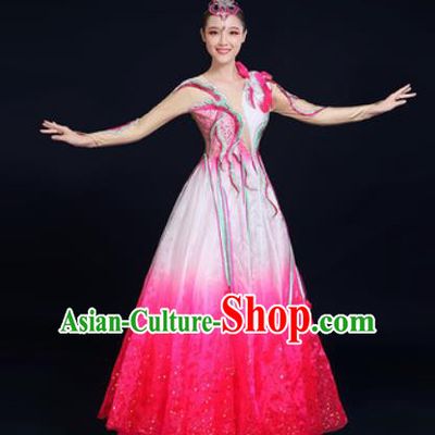 Traditional Chinese Classical Dance Rosy Dress Umbrella Dance Stage Performance Fan Dance Costume for Women