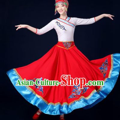 Traditional Chinese Ethnic Folk Dance Red Dress Mongolian Nationality Stage Performance Costume for Women
