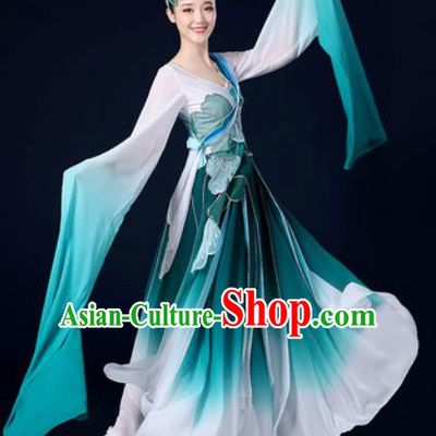 Chinese Traditional Classical Dance Water Sleeve Green Dress Umbrella Dance Stage Performance Costume for Women