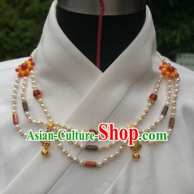 Chinese Traditional Pearls Necklace Ancient Palace Handmade Hanfu Jade Necklet for Women