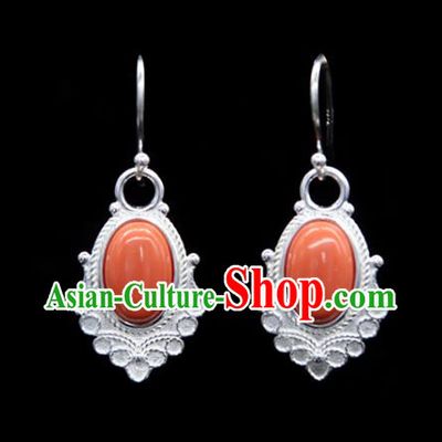 Chinese Traditional Tibetan Ethnic Ear Accessories Zang Nationality Handmade Coral Stone Earrings for Women