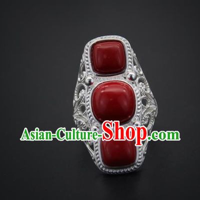 Chinese Traditional Mongolian Ethnic Rings Accessories Handmade Mongol Nationality Red Stone Finger Ring for Women