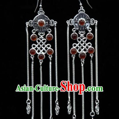 Chinese Traditional Mongolion Ethnic Red Agate Tassel Ear Accessories Mongol Nationality Handmade Earrings for Women