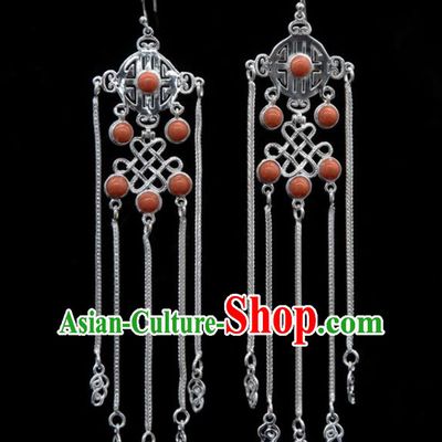 Chinese Traditional Mongolion Ethnic Coral Stone Tassel Ear Accessories Mongol Nationality Handmade Earrings for Women