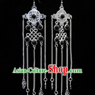 Chinese Traditional Mongolion Ethnic Black Stone Tassel Ear Accessories Mongol Nationality Handmade Earrings for Women