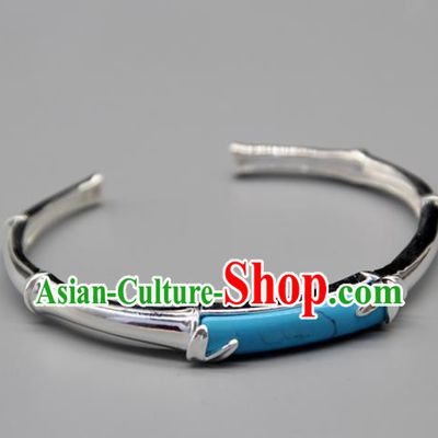Chinese Traditional Tibetan Ethnic Blue Stone Bracelet Accessories Handmade Zang Nationality Sliver Bangle for Women